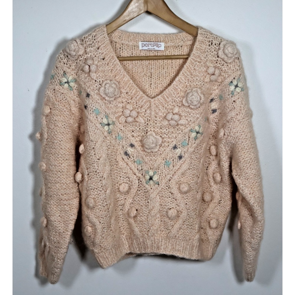 Portflip Sweater Vintage Medium Cottagecore Pink Whimsical Floral 3D Cozy Knit